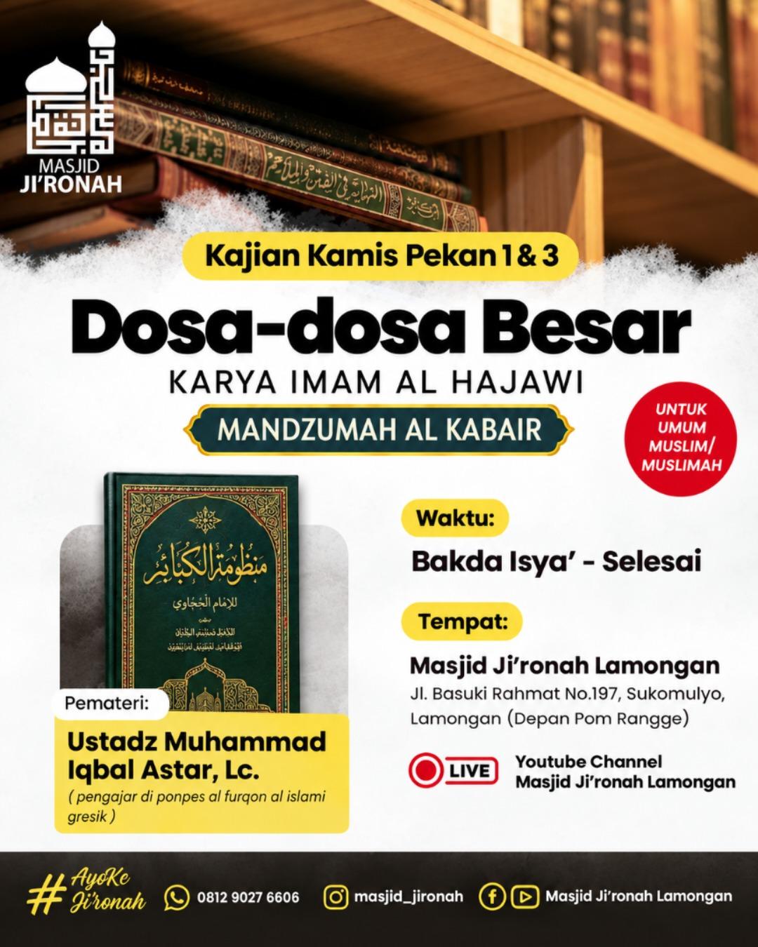 Kajian Rutin Kamis Pekan 1 & 3: Dosa-Dosa Besar (Mandzumah Al-Kabair)