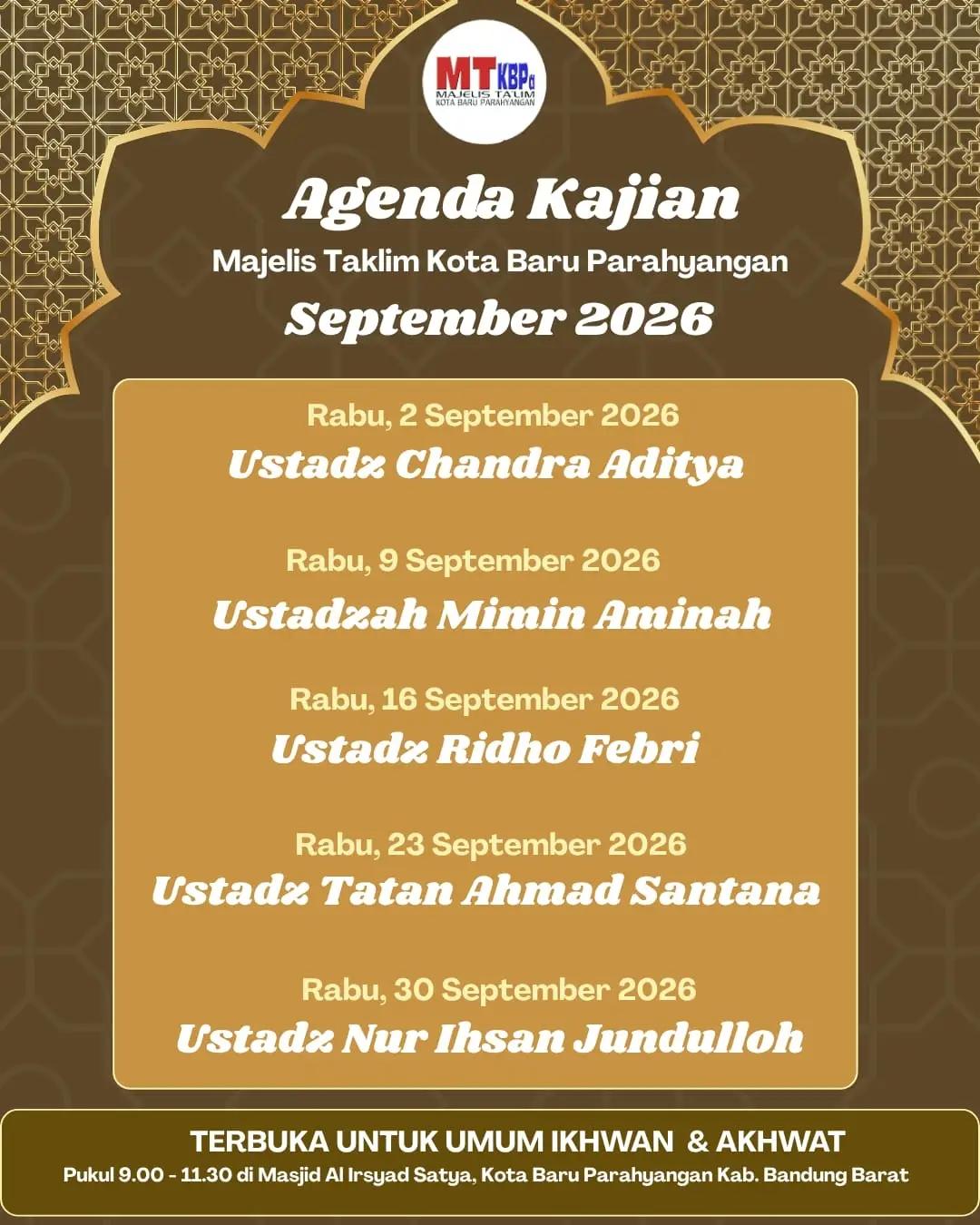 Agenda Kajian Majelis Taklim Kota Baru Parahyangan September 2026