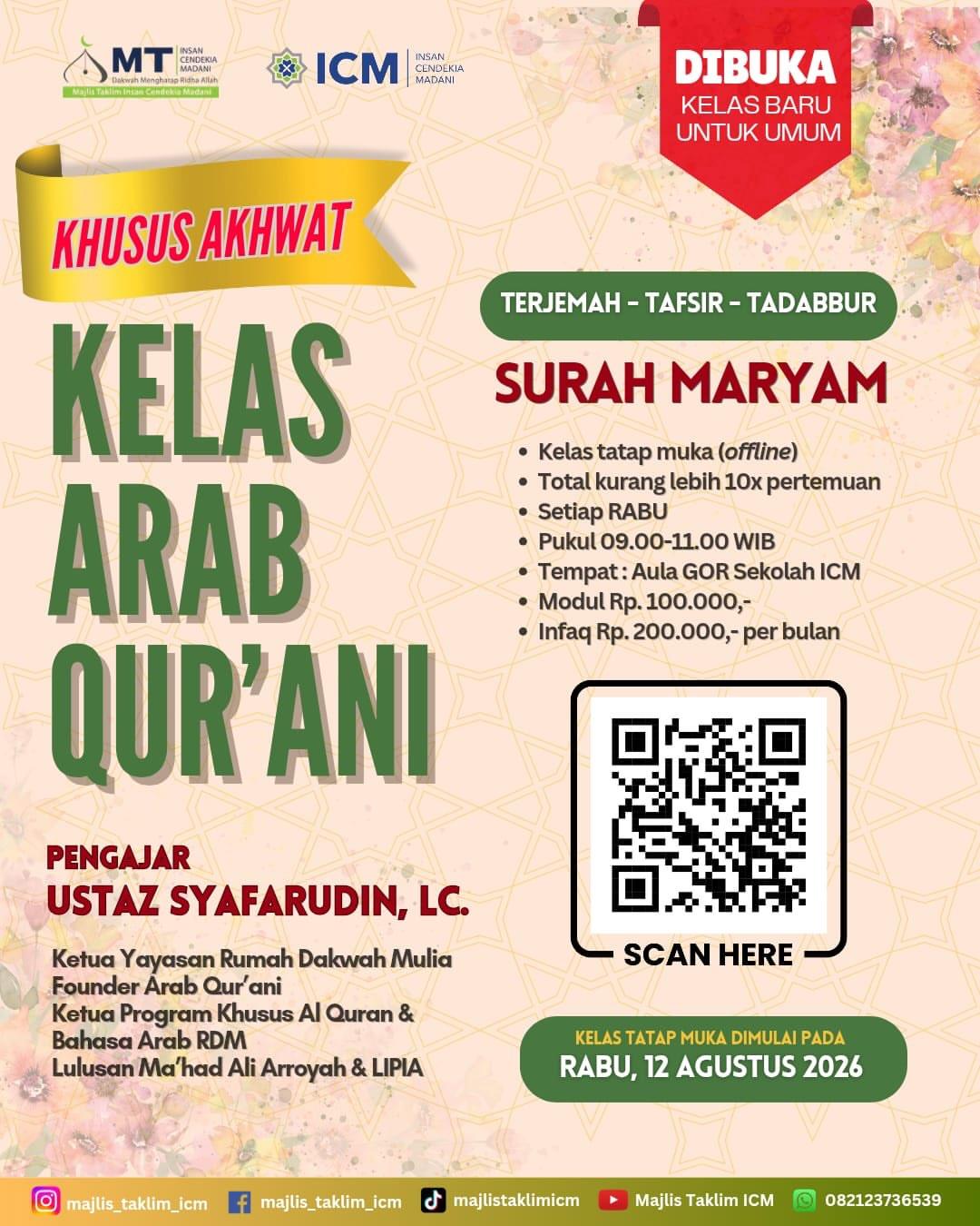 Kelas Arab Qur’ani Terjemah, Tafsir, Tadabbur Al-Quran Surat Maryam